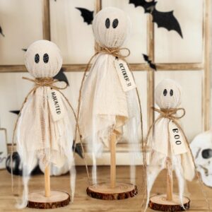 dazonge halloween decorations indoor - set of 3 primitive halloween ghosts on wooden stand for table centerpieces, shelves, and mantels - spooky halloween decor