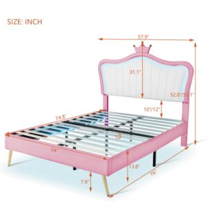 HZSMHDZKJ Full Size Upholstered Platform Bed with LED Lights and Crown Headboard,Modern Princess Bed Frame with Wood Slats Support and Metal Feets for Kids Teens Boys Girls (White+Pink-01)