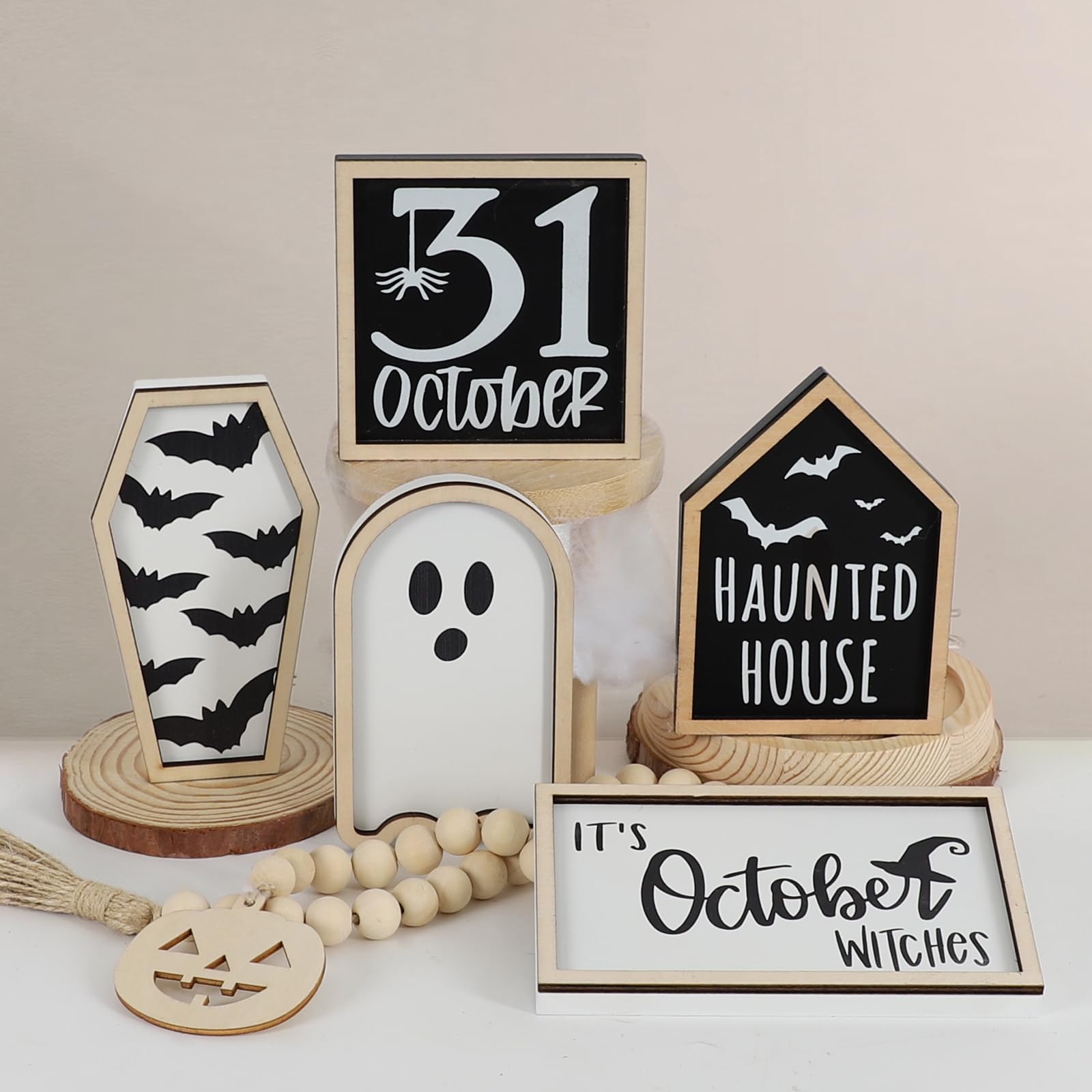 DAZONGE Halloween Decorations | 6PCS Halloween Tiered Tray Decor | Bat Coffin, Haunted House, Ghost, Witches, October 31 Sign, Bead Garland | Halloween Decor | Halloween Centerpiece for Table Shelf