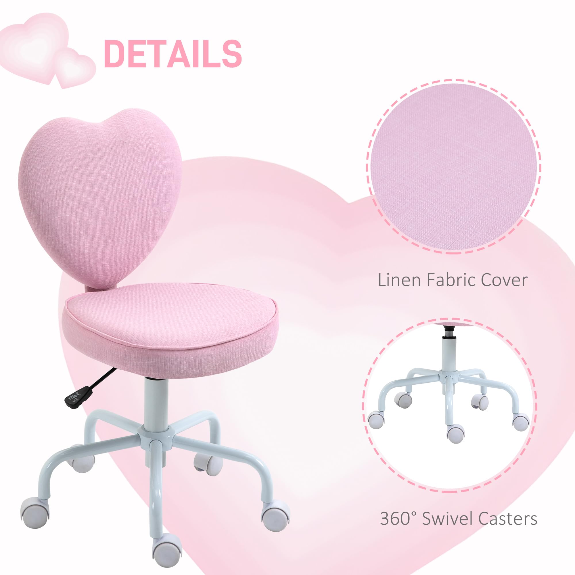 HOMCOM Heart Love Back Armless Office Chair, Comfortable Desk Chair with Adjustable Height, Cute Fabric Vanity Chair with 360 ° Swivel Wheels, Pink