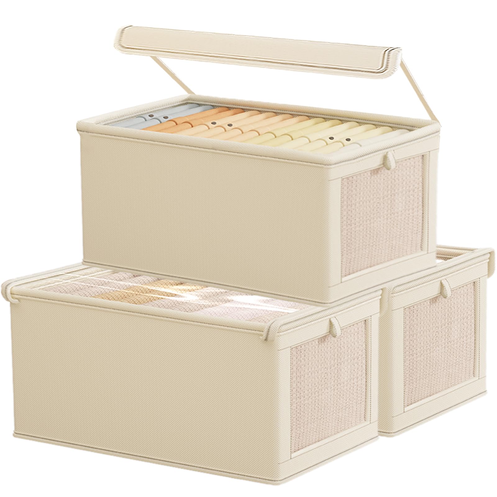 OUUJIIU Large Storage Baskets for Shelves | Sturdy Fabric Closet Storage Bins for Organizing with Clear Window| 17"x10"x8" Collapsible Home Organization with Lid, Beige, 3-Pack