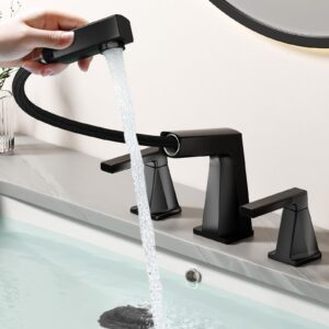 kaiying 8 inch widespread bathroom faucet, 3 piece pull down bathroom faucet, bathroom faucet 3 hole with pull out sprayer, two handle vanity faucet with overflow pop up drain (matte black)