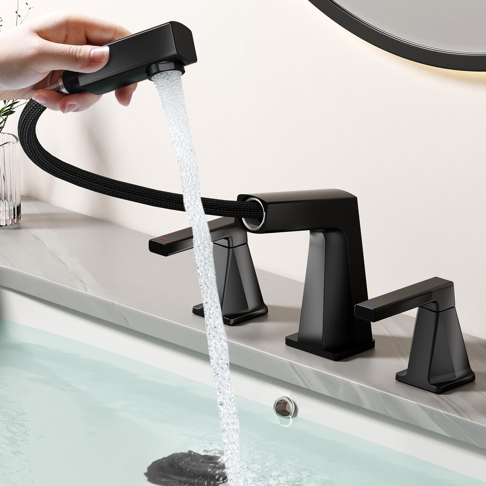 KAIYING 8 Inch Widespread Bathroom Faucet, 3 Piece Pull Down Bathroom Faucet, Bathroom Faucet 3 Hole with Pull Out Sprayer, Two Handle Vanity Faucet with Overflow Pop Up Drain (Matte Black)