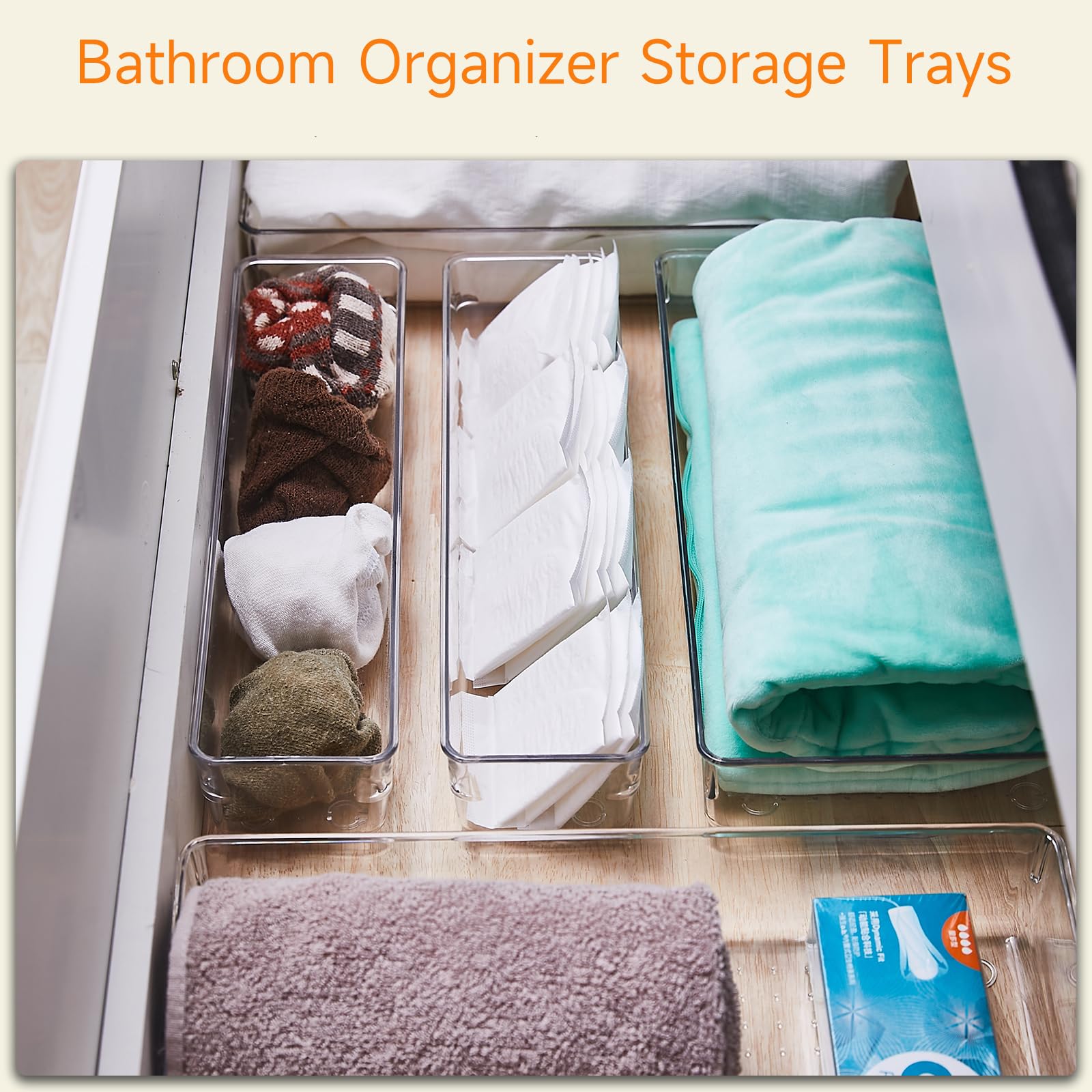 DCA Clear Plastic Drawer Organizers, Large Size Versatile Bathroom and Vanity Drawer Organizer Trays (4)