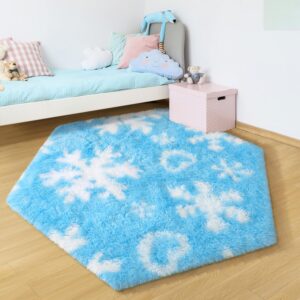 EVOIONOS Forzen Princess Tent Rug, 4x4.6 Feet Frozen Rugs for Girls Bedroom, Fluffy Snowflake Rug for Frozen Room Decor, Plush Carpet for Kids Room Playroom Nursery Decor, Cute Hexagon Blue Rugs