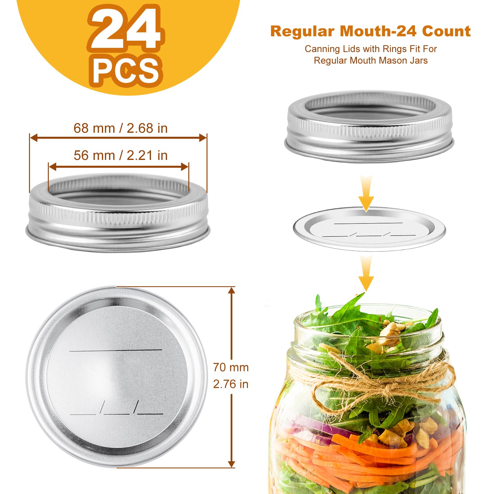 Canning Jar Lids With Rings For Mason Regular Mouth 24Pcs Regular Mouth Kerr Ball Jars Lids With Rings Good Sealing Performance Food Grade Material Kerr Mason Jars For Canning Food Fruits DIY Jam