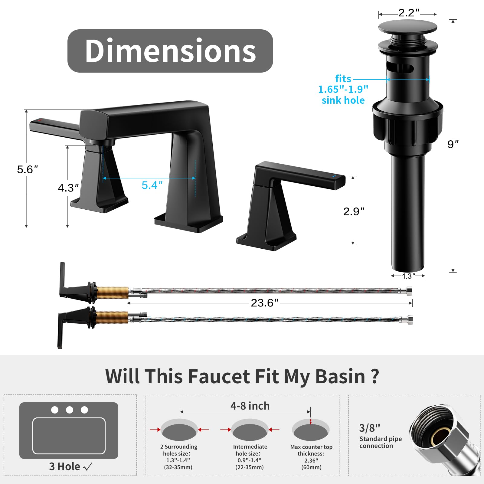 KAIYING 8 Inch Widespread Bathroom Faucet, 3 Piece Pull Down Bathroom Faucet, Bathroom Faucet 3 Hole with Pull Out Sprayer, Two Handle Vanity Faucet with Overflow Pop Up Drain (Matte Black)