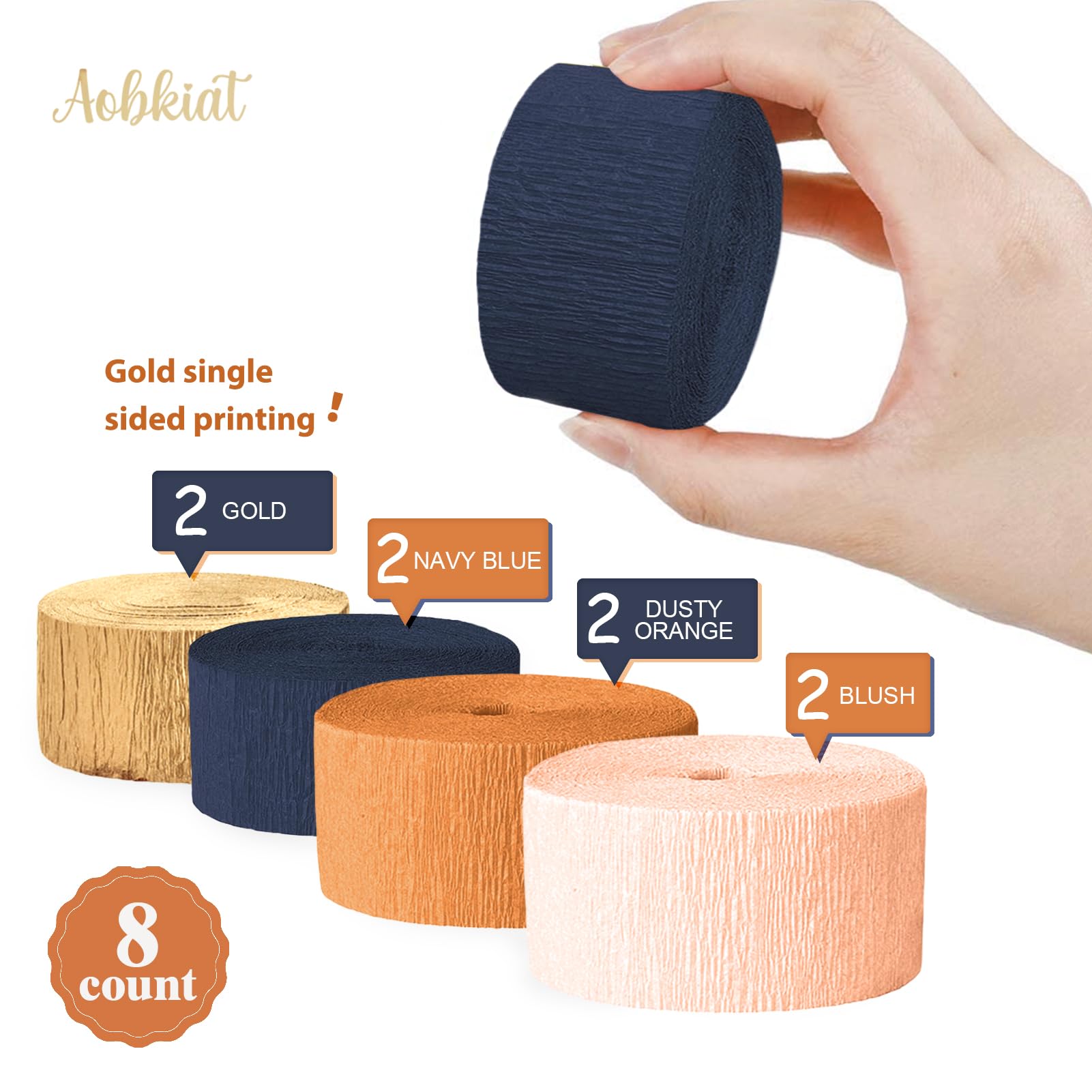 AOBKIAT Fall Boho Wedding Party Decoration,8 Rolls Navy Blue and Orange Crepe Paper Party Streamers for Thanksgiving Day,Halloween,Winter Birthday Baby Shower Party Backdrop