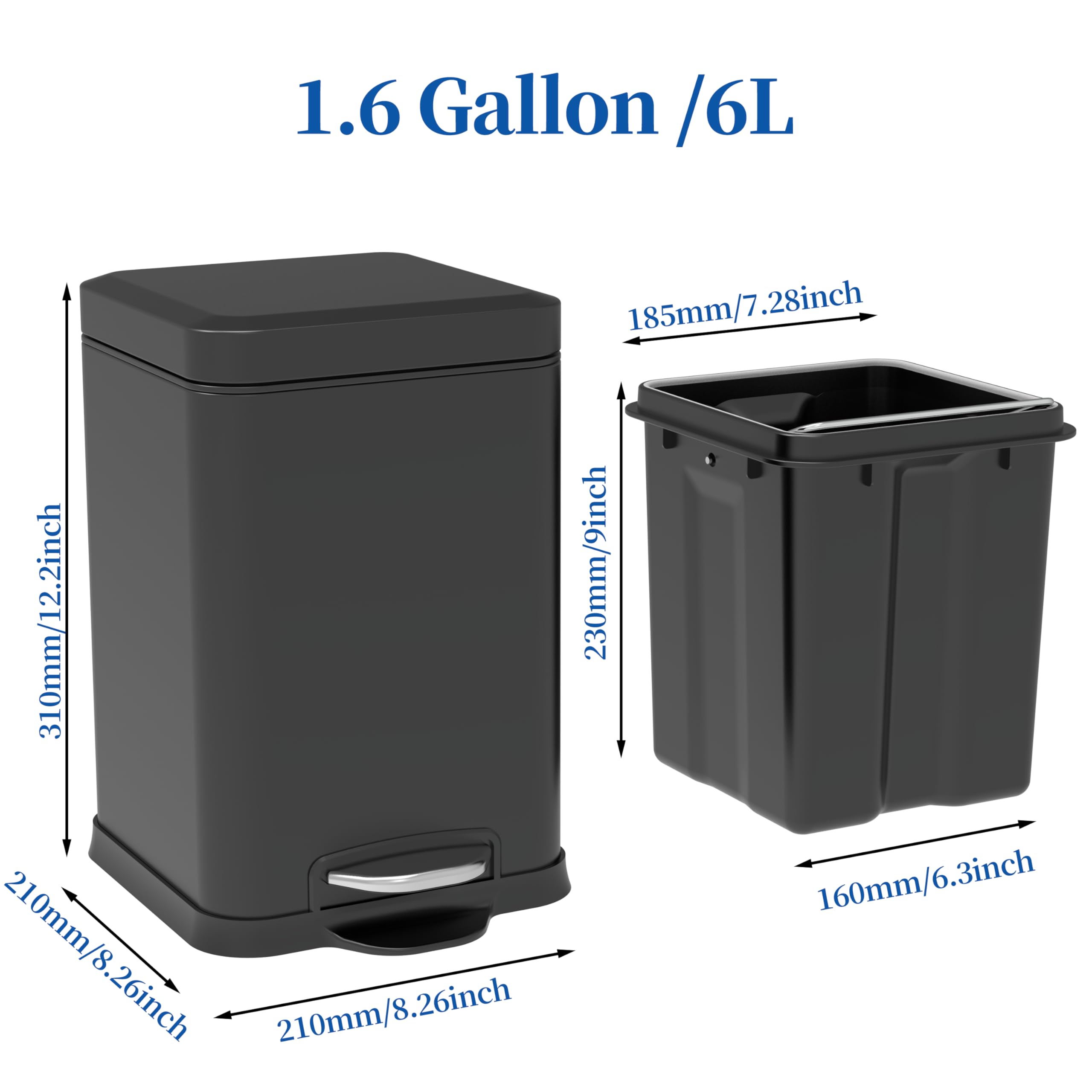 Ruacq Small Bathroom Trash Can with Lid Soft Close,Step Pedal, 1.6 Gallon/6 Liter Bathroom Garbage can with Removable Inner Bucket,Stainless Steel Trash Bin,Anti-Fingerprint Finish (Matt Black)