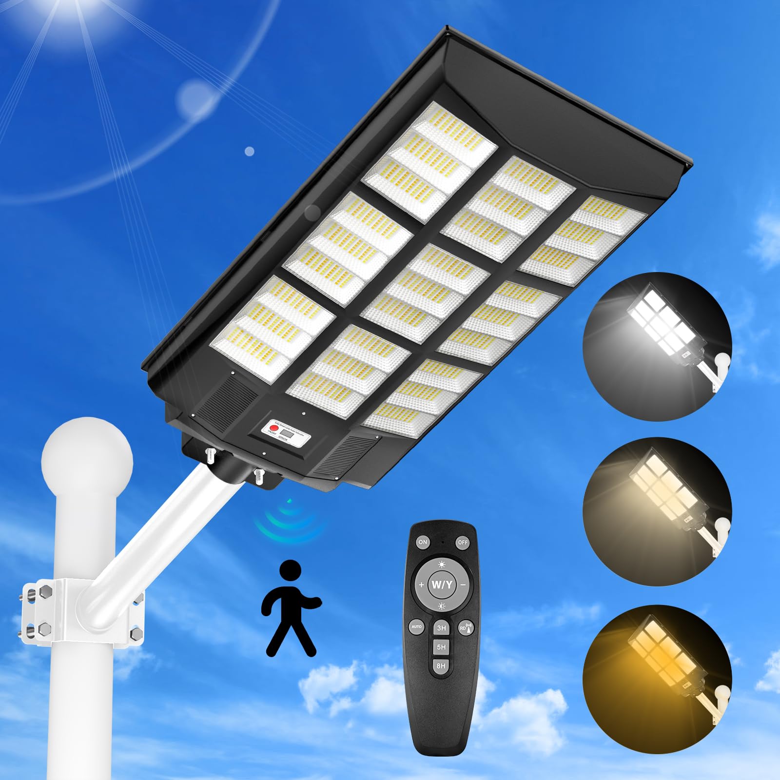 4500W Street Lights Solar Powered, 4500000LM Solar Street Lights for Outside, 2700K/4200K/6500K Dimmable Solar Street Lights Outdoor Waterproof IP66 Dusk to Dawn for Parking Lot, Pole, Garden, Yard