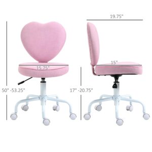 HOMCOM Heart Love Back Armless Office Chair, Comfortable Desk Chair with Adjustable Height, Cute Fabric Vanity Chair with 360 ° Swivel Wheels, Pink