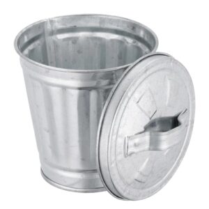 silver mini galvanized trash can with lid mini wastebasket trash can small metal buckets with lids mini tabletop trash can mini metal rubbish bin flower pot pen holde trash, wastebaskets (9.5x9x9cm)