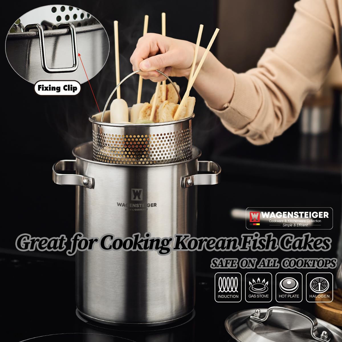 WAGENSTEIGER Premium Stainless Steel Asparagus Steamer Pot or Spaghetti Pasta Stovetop Cooker with Perforated Steamer Basket, Tall & Large Size, Versatile Cookware, 3-Ply Base(4.3Liters/1.14Gals)