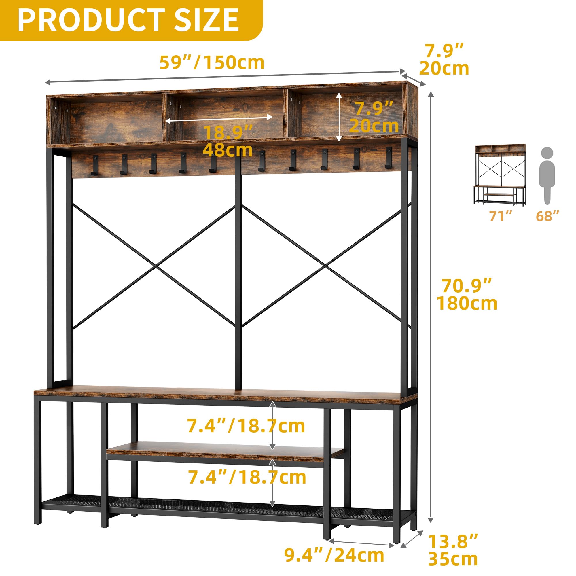 DWVO 5-in-1 Hall Tree with Shoes Storage, Large Coat Rack Shoe Storage Bench, 10 Hooks for Hallway Entryway Bench with Coat Rack, Hall Tree with Bench and Shoe Storage, Rustic Brown