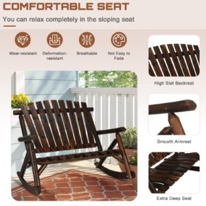 HOMEDIARY 3-Piece Outdoor Wood Rocking Bistro Set, Adirondack Rocker Chair Set with Rocking Bench, Log Rocker and Coffee Table, Patio Wooden Furniture Set, High Fanned Back & Slatted Seat, Carbonized