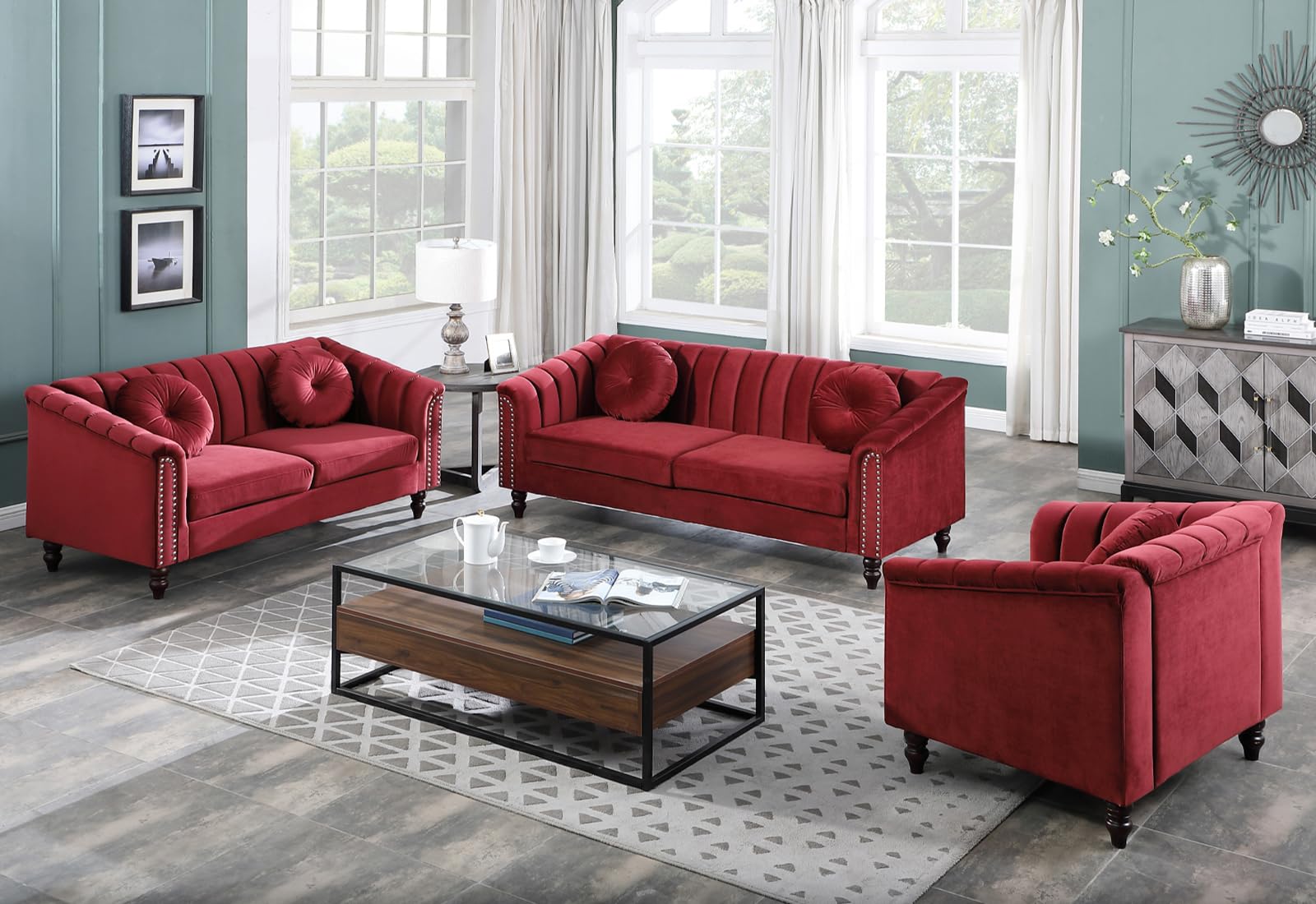 YIPDFERNOR Red Lint 3-Piece Living Room Sofa Set, Contemporary Sofa Couch Set, for Living Room Furniture Sets、Offices、Apartments（Chair）