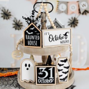 dazonge halloween decorations | 6pcs halloween tiered tray decor | bat coffin, haunted house, ghost, witches, october 31 sign, bead garland | halloween decor | halloween centerpiece for table shelf