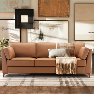 colamy 93" mid-century modern faux leather sofa，oversized 3-seater couch with comfy cushions and wood legs for living room, bedroom, office, apartment, brown