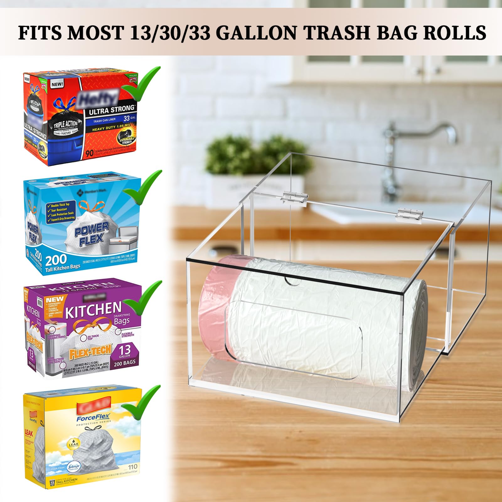 upcessory Acrylic Trash Bag Dispenser, 2 in 1 Extra Large Under Sink Garbage Bag Organizer, Kitchen Trash Bag Storage Holder with Lid for 13 30 33 Gallon Garbage Bag