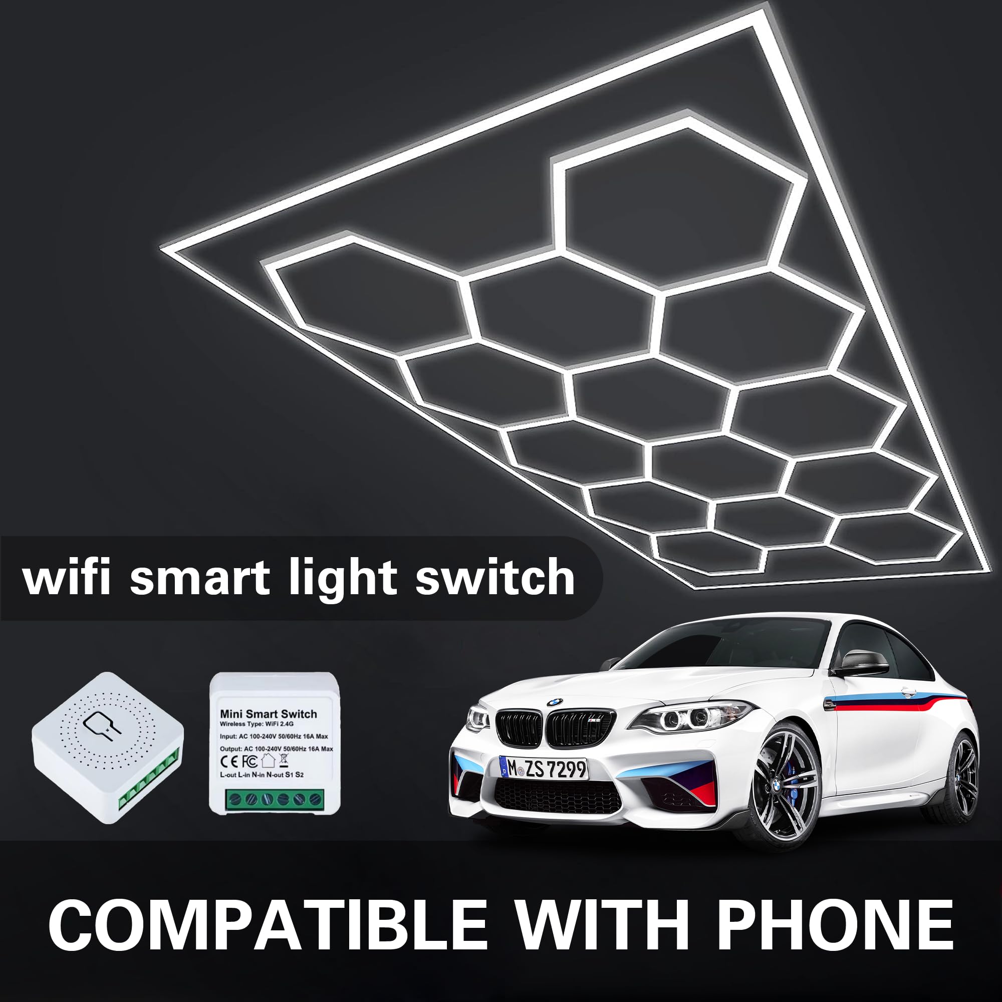 Hexagon LED Lights for Garage Ceiling - Ultra-Bright Honeycomb Design with Smart Switch, Alexa & Google Home Compatible, Hex Lights Perfect for Home Gym, Shop Lighting, Workshop and Garage Lighting