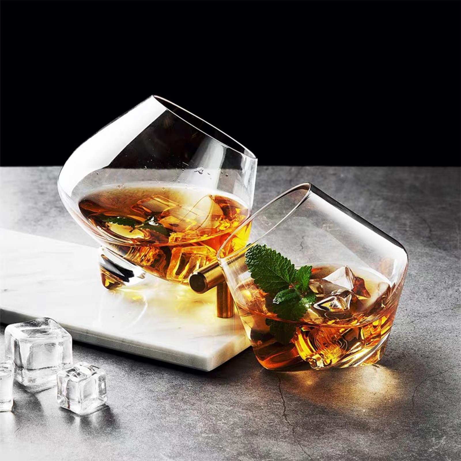 Spinning Whiskey Glasses Set of 2, Unique Rotatable Crystal Rock Whiskey Tasting Glass, Cool Whiskey Tumbler