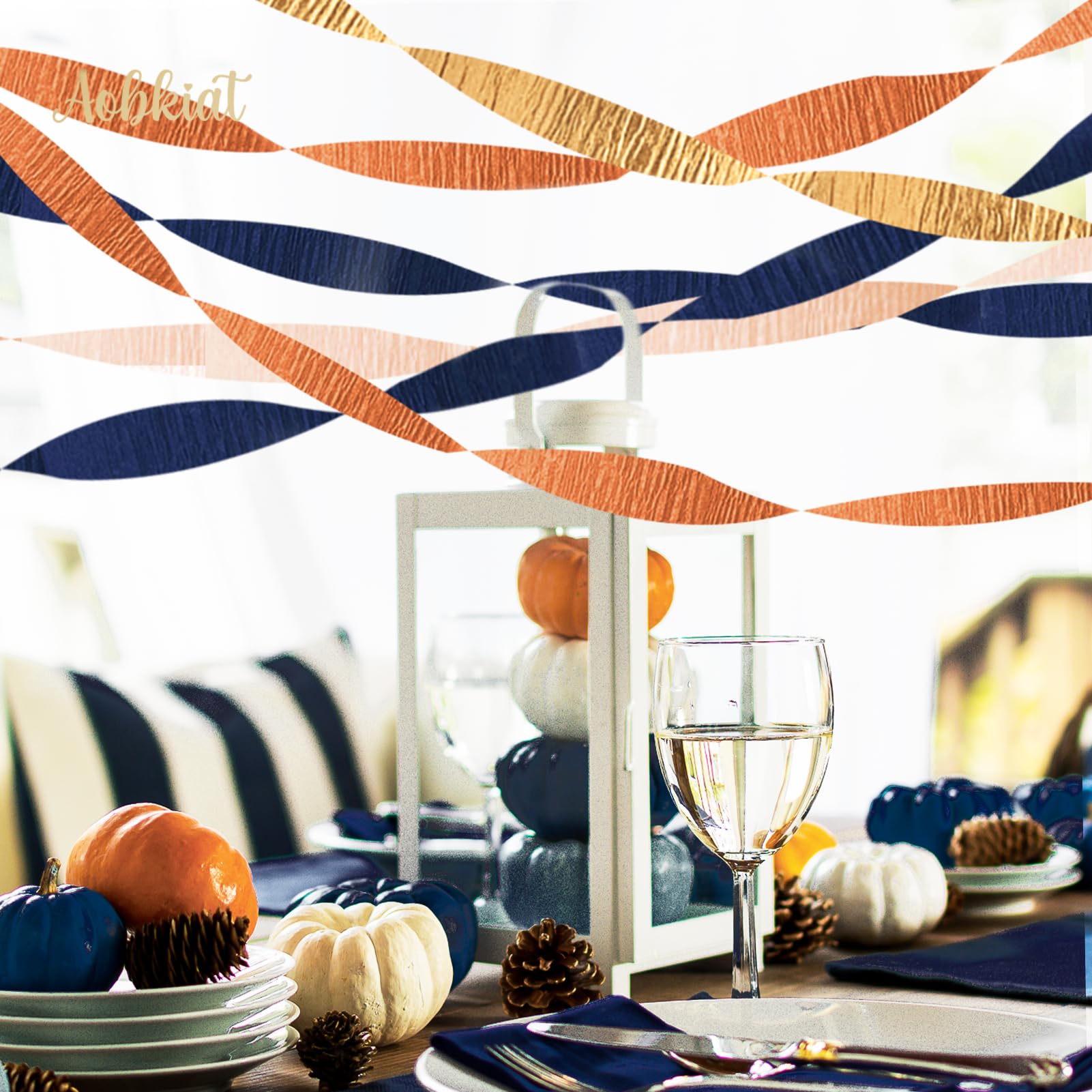 AOBKIAT Fall Boho Wedding Party Decoration,8 Rolls Navy Blue and Orange Crepe Paper Party Streamers for Thanksgiving Day,Halloween,Winter Birthday Baby Shower Party Backdrop