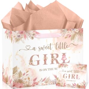 baby shower paper bag, pink floral sweet baby girl gift bag with tissue paper and card boho dried flowers wrap bag with handle for baby shower birthday gender reveal party favors decorations supplies