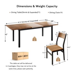 iPormis 7-Piece Dining Table Set with 6 Chairs, 63" Extendable Kitchen Table & Chairs Set for 4-6, Dining Room Table with Metal Frame & MDF Board, Perfect for Small Space, Easy Clean, Walnut