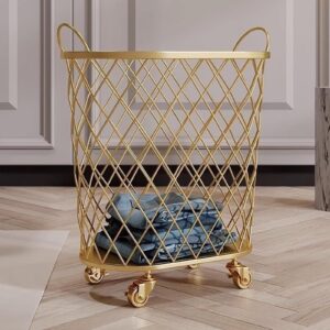 generic gold laundry hamper, with rolling lockable wheels, wrought iron toy storage box kitchen storage basket, for laundry room, bathroom, dorm, bedroom