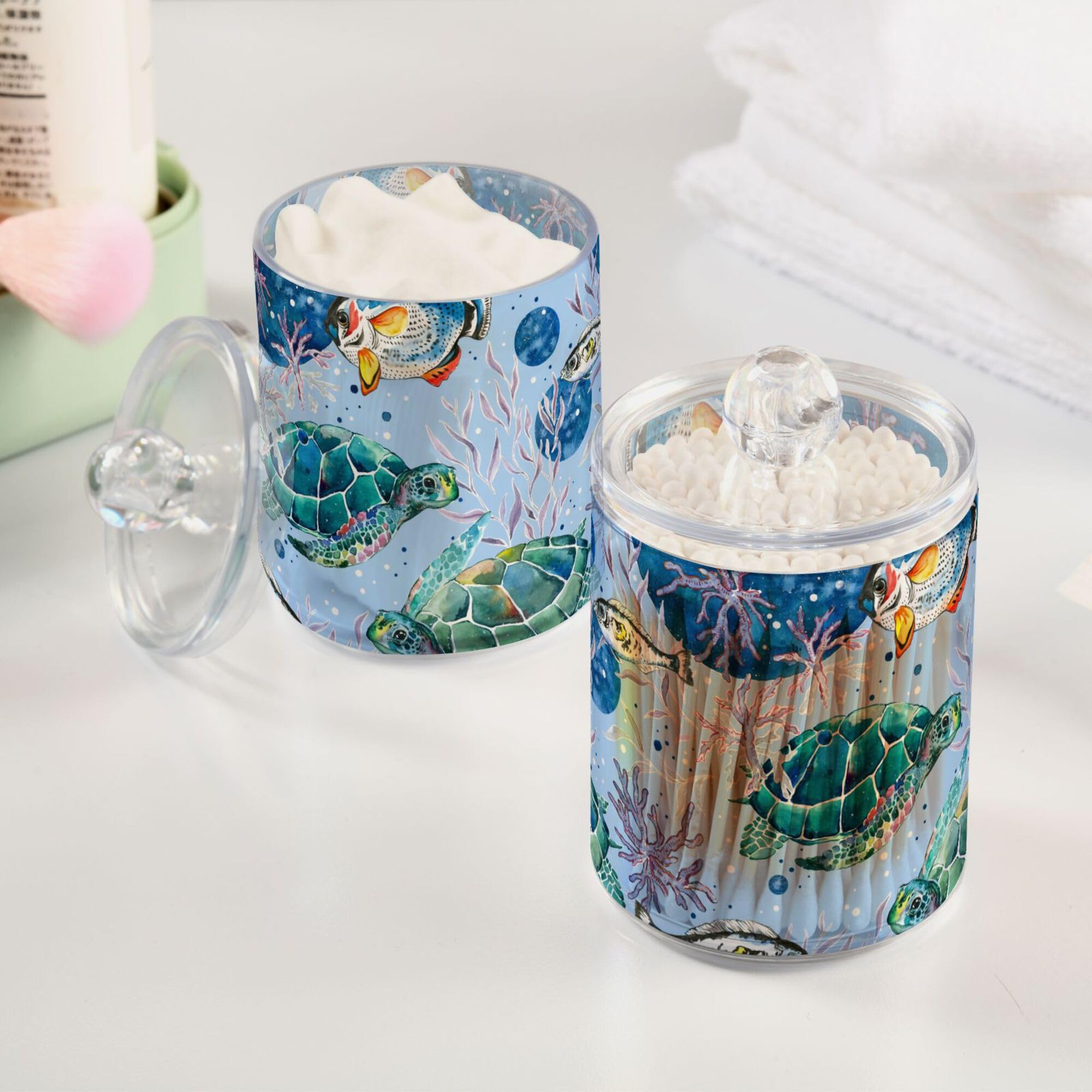 2 PACK Cute Watercolor Pattern Sea Turtles Hawaiian Fish Coastal Qtip Holder Dispenser for Cotton Ball, Cotton Swab, Cotton Round Pads, Floss Picks - Plastic Apothecary Jar Set for Bathroom Canister S