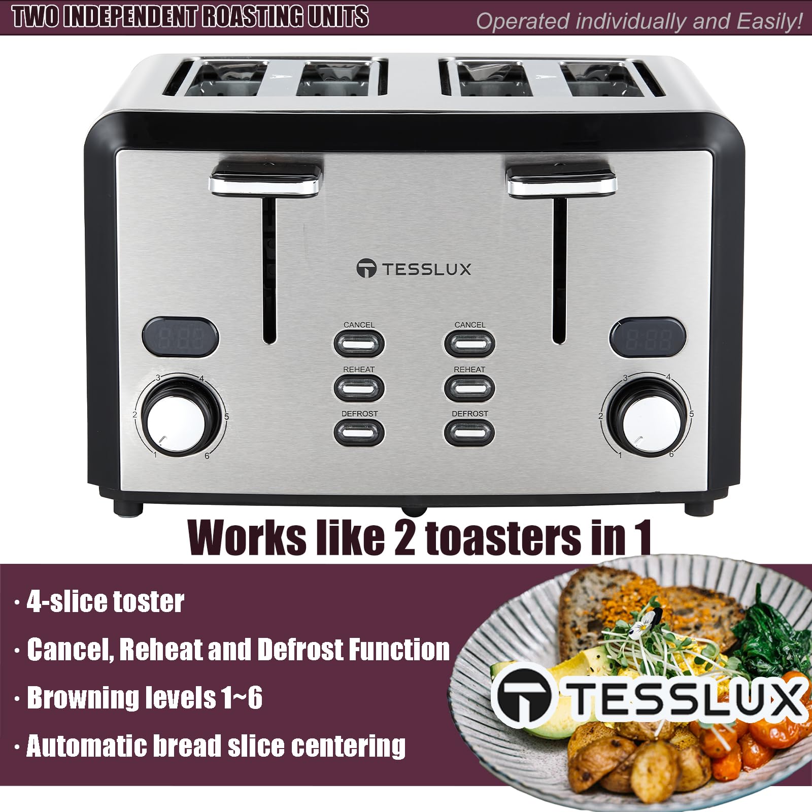 Tesslux 4 Slice Toaster, Wide Slot Bread Toaster with 6 Shade Settings, Stainless Steel Toaster with LCD Display, Removable Crumb Tray, Cancel/Defrost/Reheat Function, 1400W