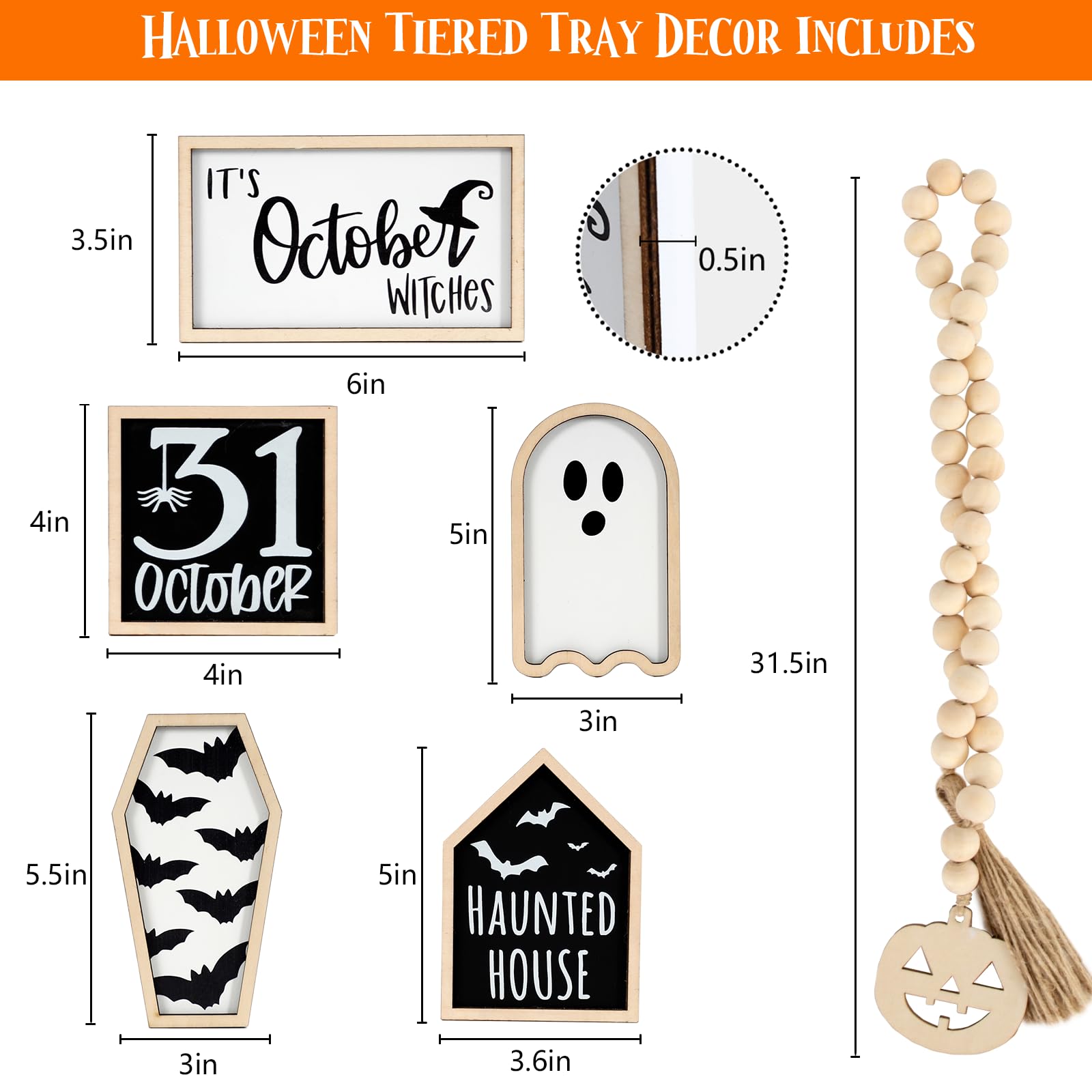 DAZONGE Halloween Decorations | 6PCS Halloween Tiered Tray Decor | Bat Coffin, Haunted House, Ghost, Witches, October 31 Sign, Bead Garland | Halloween Decor | Halloween Centerpiece for Table Shelf