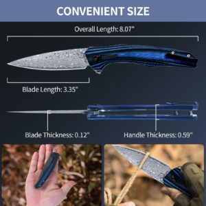 bunnyedge Pocket Knife for EDC, Folding Knife with 3.95” Reverse Damascus Blade, G10 Handle, Ideal Gift for Men Women, for Camping, Fishing, Hiking & EDC ON THE GO - YFA047 - BLUE TREE