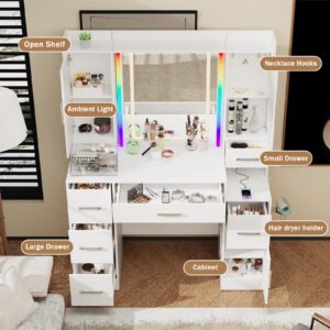 Hiwelldas Vanity Desk with Mirror and Lights, 43.3'' Large Makeup Vanity with RGB Ambient Light & Power Outlet, Dressing Table with 7 Drawers, 3 Cabinets, 6 Hooks,1 Dryer Rack,White