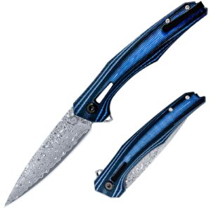 bunnyedge pocket knife for edc, folding knife with 3.95” reverse damascus blade, g10 handle, ideal gift for men women, for camping, fishing, hiking & edc on the go - yfa047 - blue tree