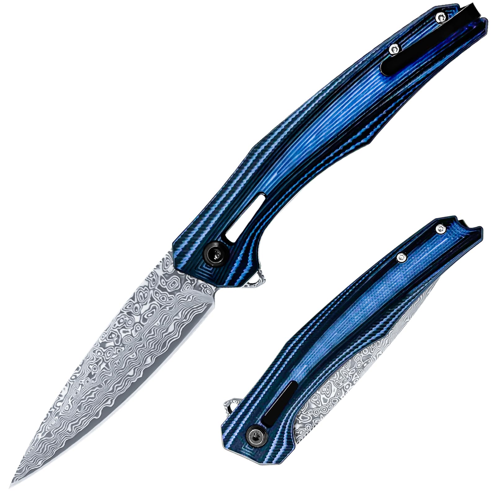 bunnyedge Pocket Knife for EDC, Folding Knife with 3.95” Reverse Damascus Blade, G10 Handle, Ideal Gift for Men Women, for Camping, Fishing, Hiking & EDC ON THE GO - YFA047 - BLUE TREE