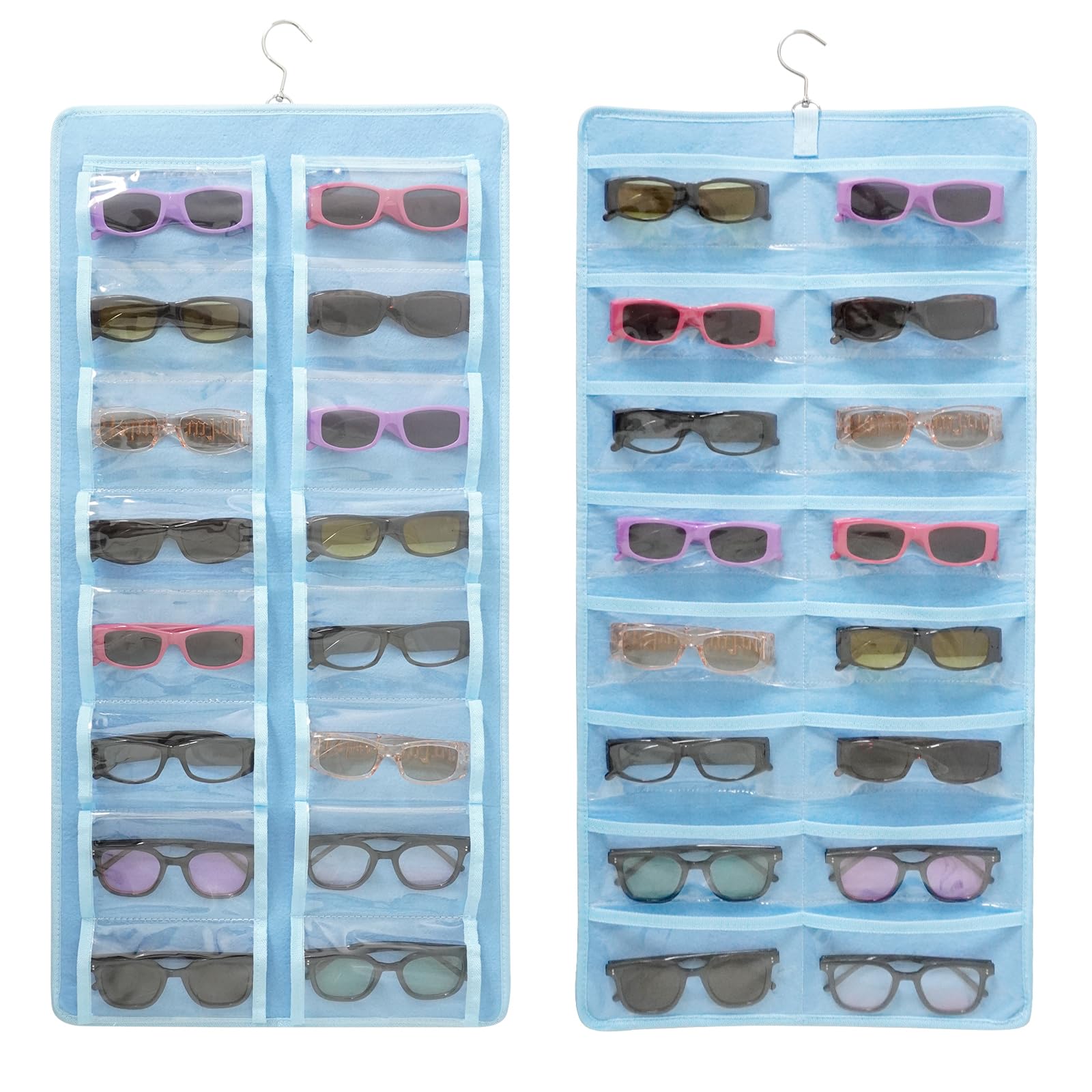 Khikily Hanging Jewelry Organizer, Dust Proof Eyeglasses Holder with 32 Clear Slots, Sunglasses Organizer Storage Wall Mounted, Sunglasses Display With 360-Degree Rotating Hook (Blue)