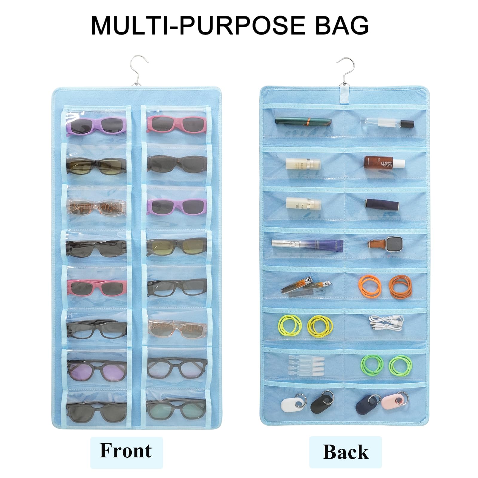 Khikily Hanging Jewelry Organizer, Dust Proof Eyeglasses Holder with 32 Clear Slots, Sunglasses Organizer Storage Wall Mounted, Sunglasses Display With 360-Degree Rotating Hook (Blue)