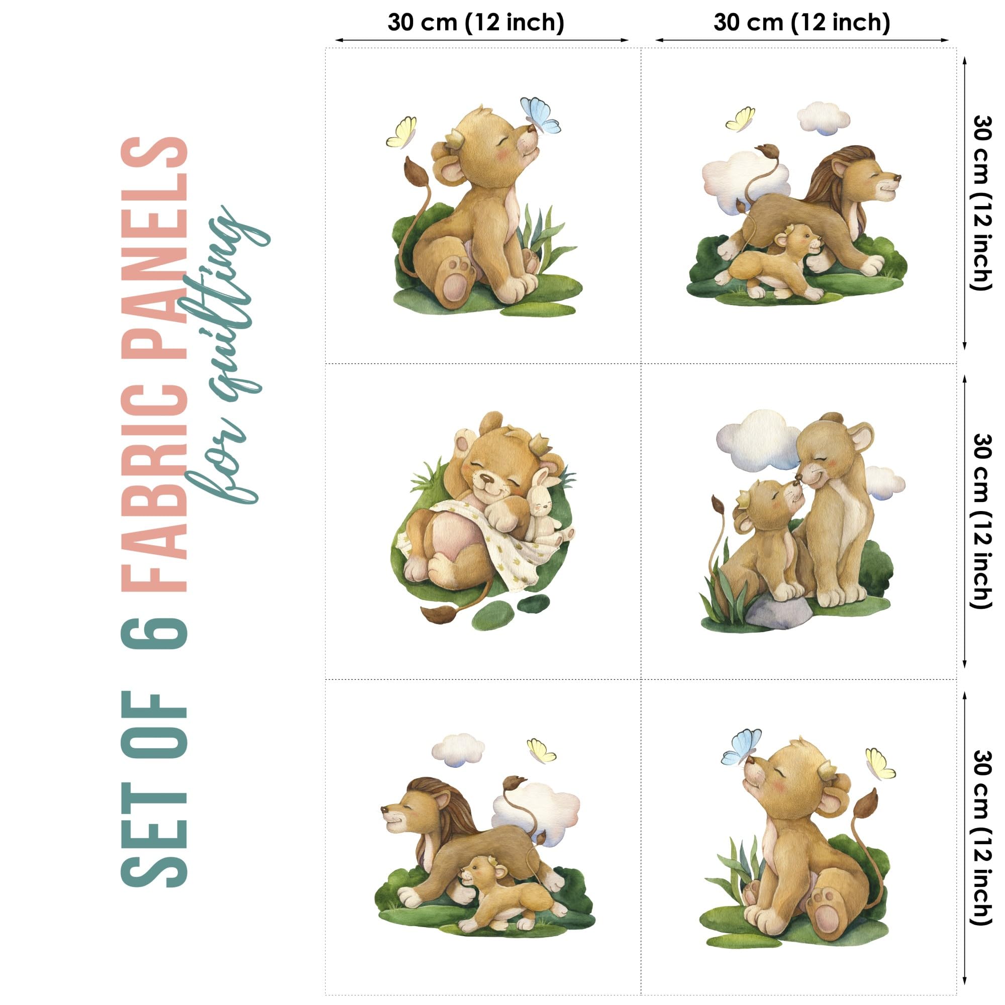 UNIQUE Lion Fabric Panel Set (6 Panels, 12x12in Each), Quilting Panels, Baby Quilt Panels, Cotton Baby Panels, Blanket Panel, Cotton Sateen Fabric Panels for Quilting