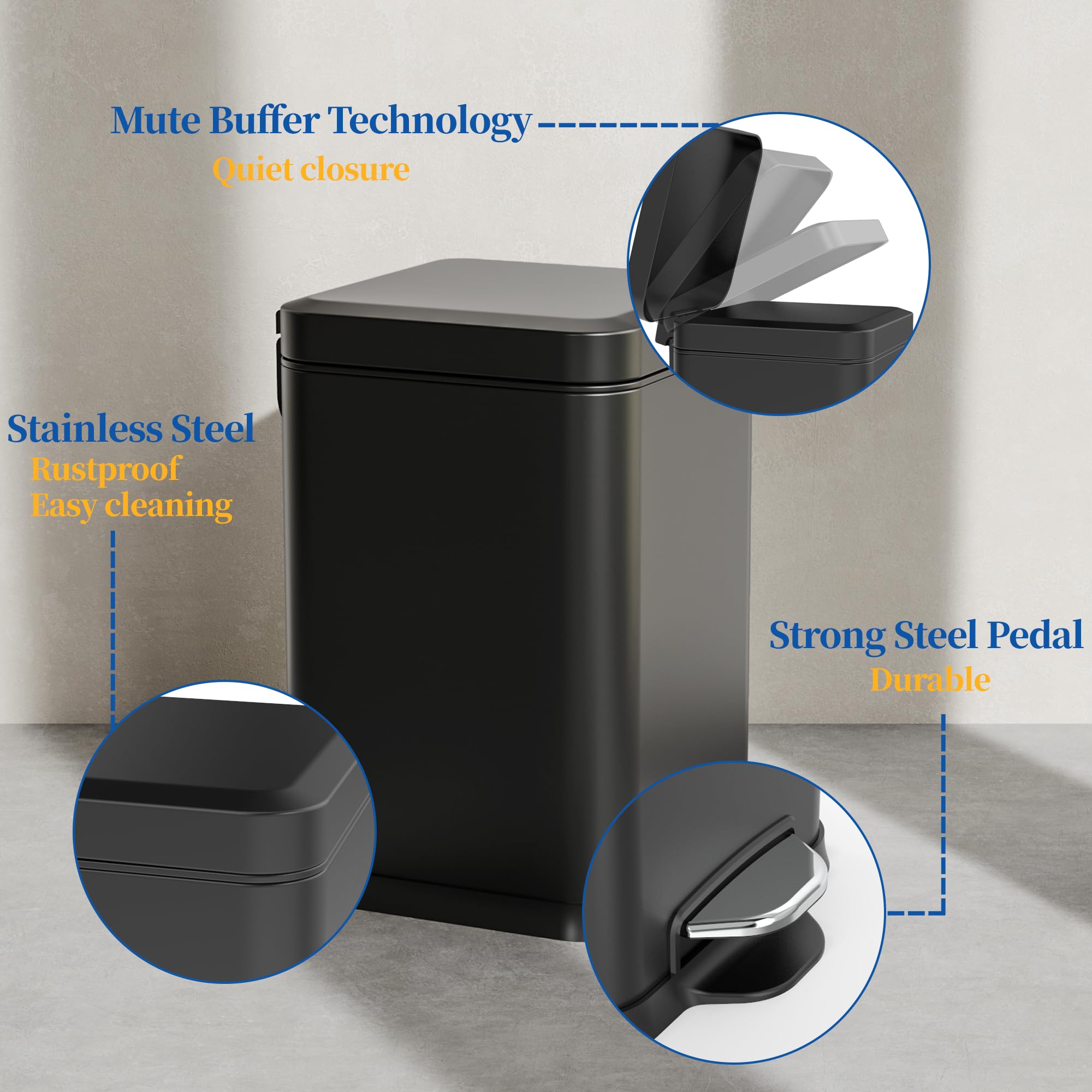 Ruacq Small Bathroom Trash Can with Lid Soft Close,Step Pedal, 1.6 Gallon/6 Liter Bathroom Garbage can with Removable Inner Bucket,Stainless Steel Trash Bin,Anti-Fingerprint Finish (Matt Black)