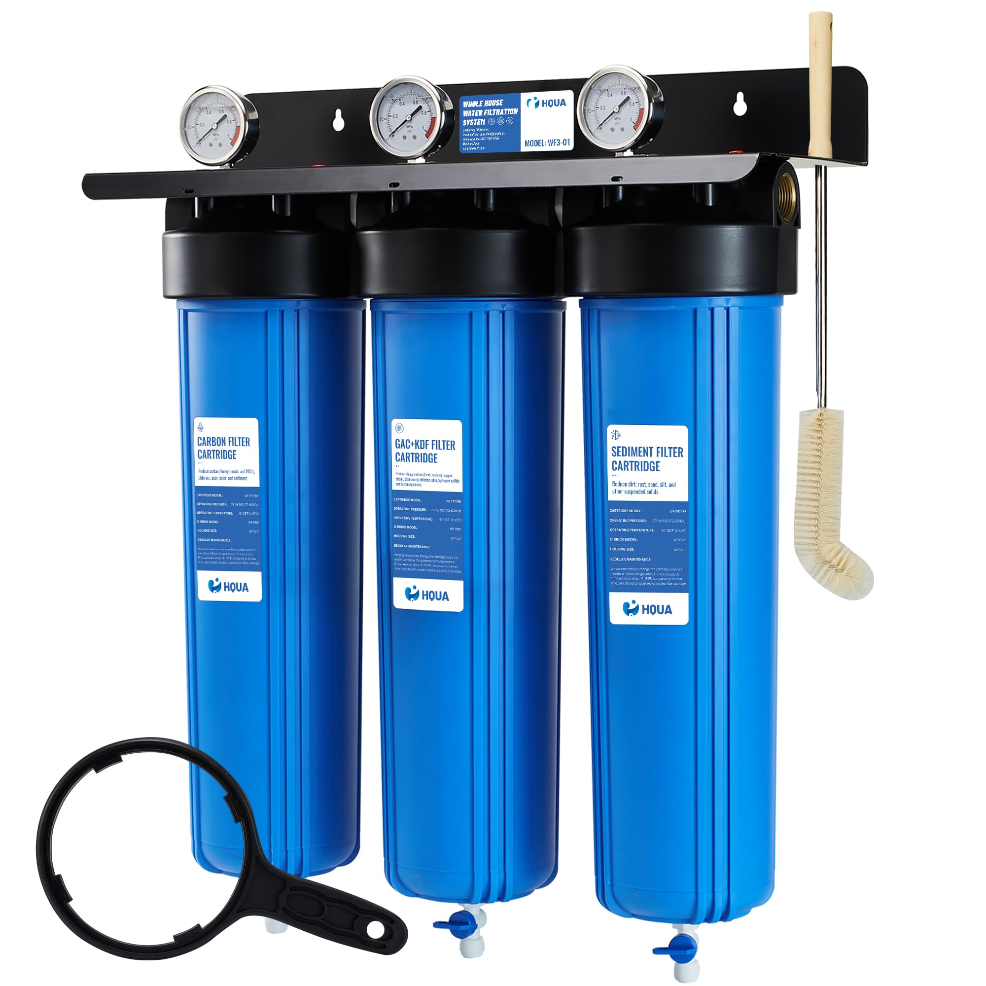 HQUA WF3-01 3-Stage Whole House Water Filtration System, Reduces Heavy Metals (Lead, Mercury, Copper, Nickel, Chromium), Chloramine, Sediment, Odor, and VOC’s (Sediment Heavy Metal Carbon 3 Stage)