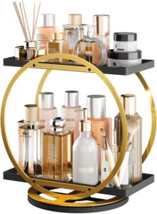 perfume organizer for dresser, 360 rotating makeup organizer for vanity, 2 tier large capacity bathroom counter organizer cosmetic skincare storage countertop holder for bedroom kitchen(black gold)