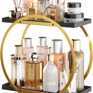 Perfume Organizer for Dresser, 360 Rotating Makeup Organizer for Vanity, 2 Tier Large Capacity Bathroom Counter Organizer Cosmetic Skincare Storage Countertop Holder for Bedroom Kitchen(Black Gold)