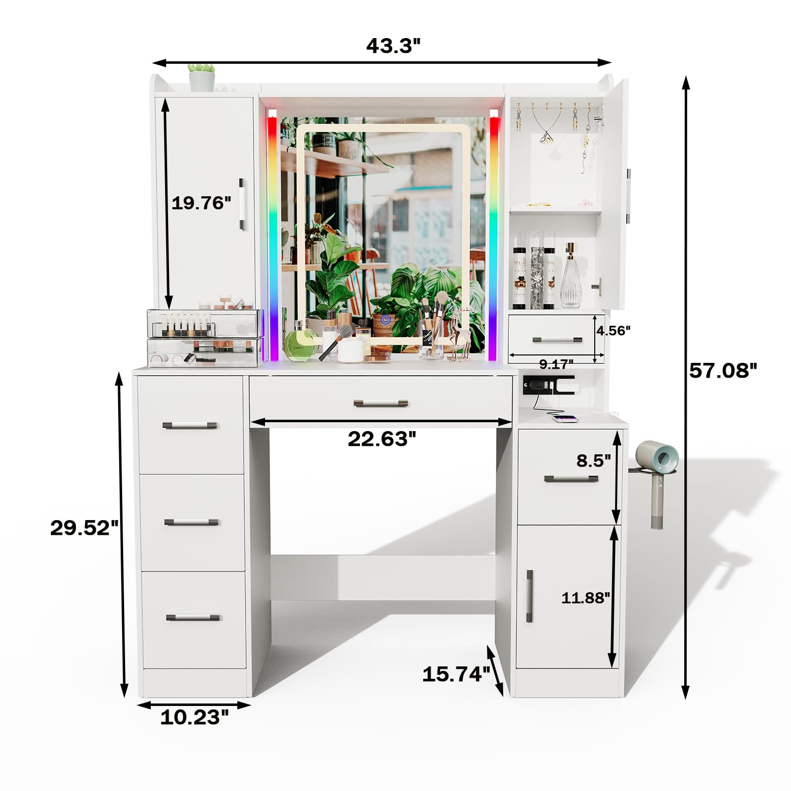 Hiwelldas Vanity Desk with Mirror and Lights, 43.3'' Large Makeup Vanity with RGB Ambient Light & Power Outlet, Dressing Table with 7 Drawers, 3 Cabinets, 6 Hooks,1 Dryer Rack,White