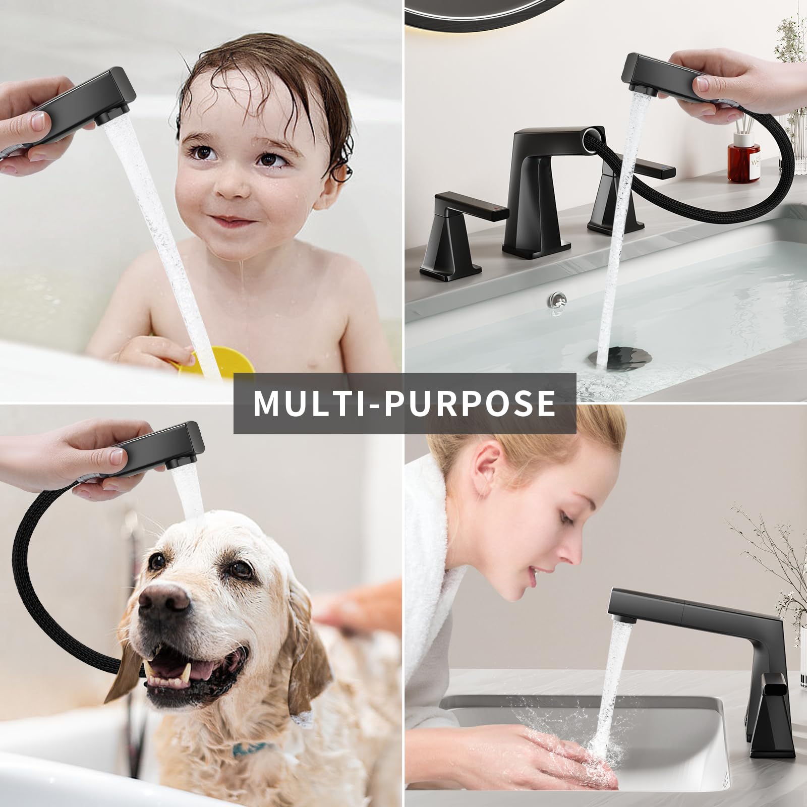 KAIYING 8 Inch Widespread Bathroom Faucet, 3 Piece Pull Down Bathroom Faucet, Bathroom Faucet 3 Hole with Pull Out Sprayer, Two Handle Vanity Faucet with Overflow Pop Up Drain (Matte Black)