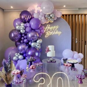 HKYOOD 128Pcs Purple Balloons Garland Arch Kit - 18 12 10 5 inch Pastel Purple Metallic Purple Metallic Silver Latex Balloon for Birthday Baby Shower Bridal Shower Wedding Princess Party Decorations