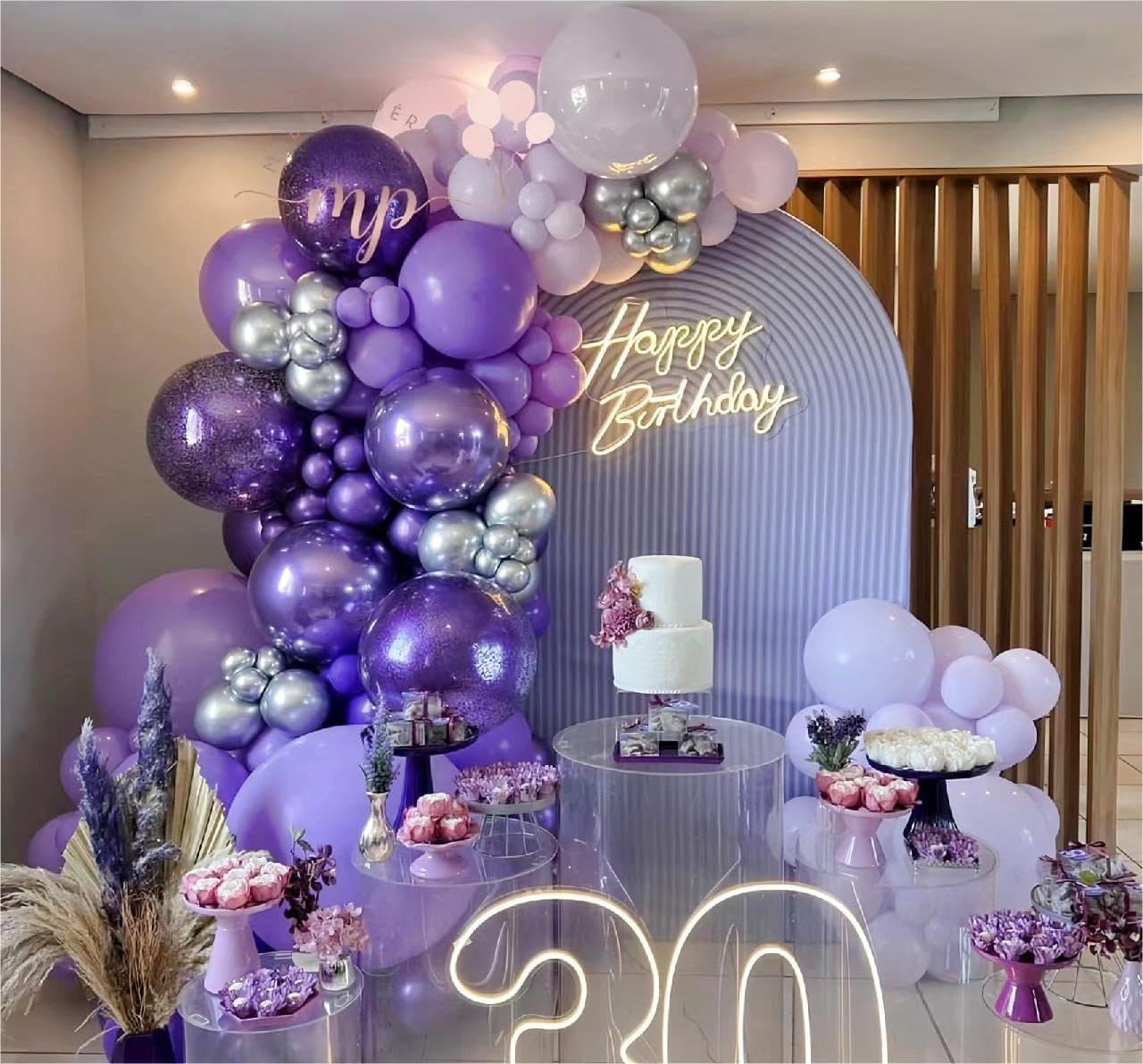 HKYOOD 128Pcs Purple Balloons Garland Arch Kit - 18 12 10 5 inch Pastel Purple Metallic Purple Metallic Silver Latex Balloon for Birthday Baby Shower Bridal Shower Wedding Princess Party Decorations