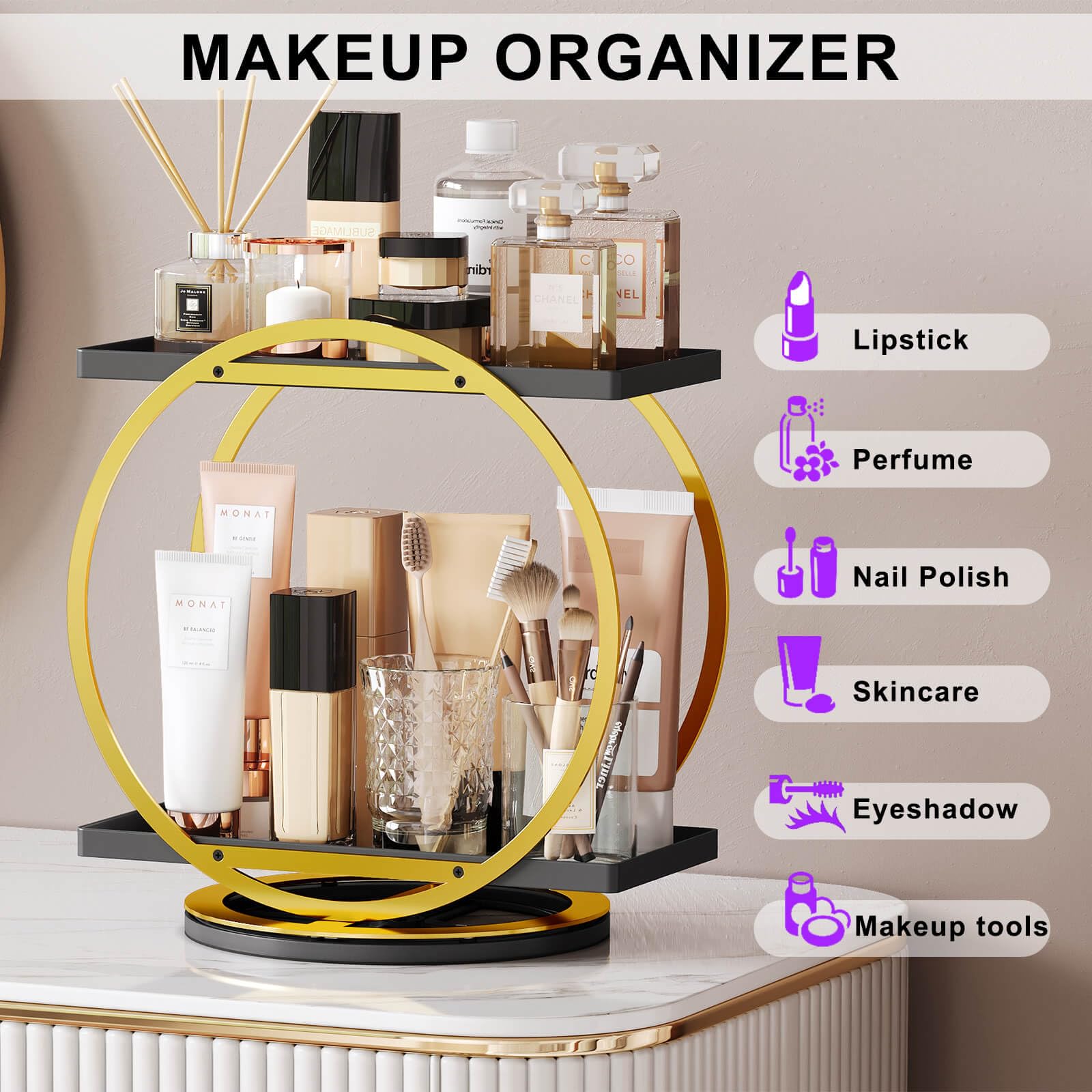 Perfume Organizer for Dresser, 360 Rotating Makeup Organizer for Vanity, 2 Tier Large Capacity Bathroom Counter Organizer Cosmetic Skincare Storage Countertop Holder for Bedroom Kitchen(Black Gold)