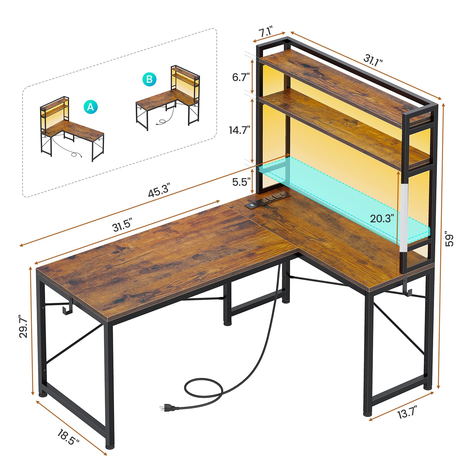 SEDETA L Shaped Desk with Hutch, 45.3” Reversible Home Office Desk, L Shaped Gaming Desk with LED Lights, Power Outlet, Storage Shelves and Hooks for Small Space, Rustic Brown