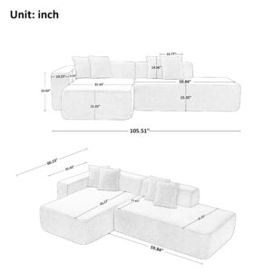 JUSTONE 105.5" Sponge Sectional Sofa Couch for Living Room, Lambswool Fabric Modern L-Shape Sectional Sofa with Chaise Lounge,Cloud Couch, Beige